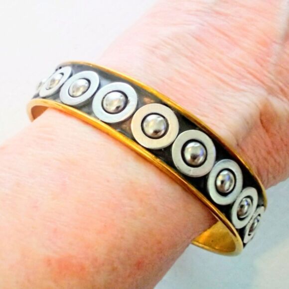 Vintage Two Tone Brass Bangle With Silver Circle Design - Picture 4 of 5